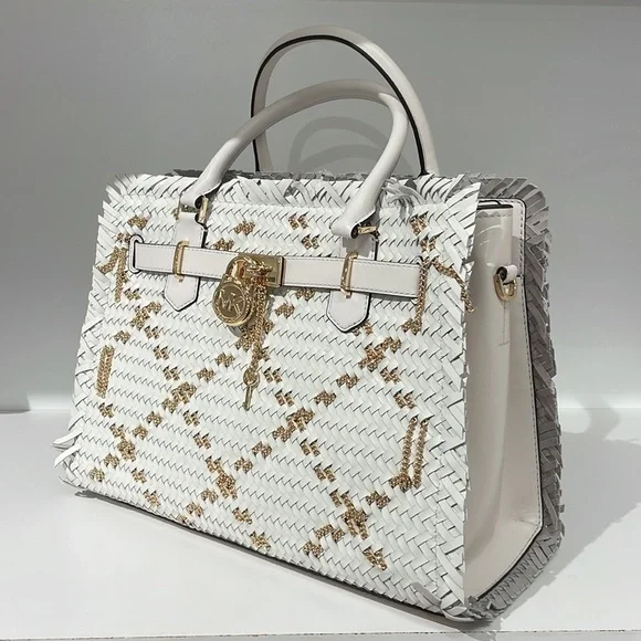 Michael Kors Hamilton white leather woven satchel bag - Picture 1 of 7